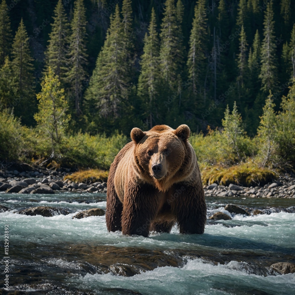 Create an image of a majestic brown bear standing on a rocky riverbank in Alaska. Create an image of a majestic brown bear standing on a rocky riverbank in Alaska.