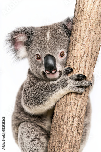 Koala with a curious expression, holding onto an imaginary tree on a white background photo