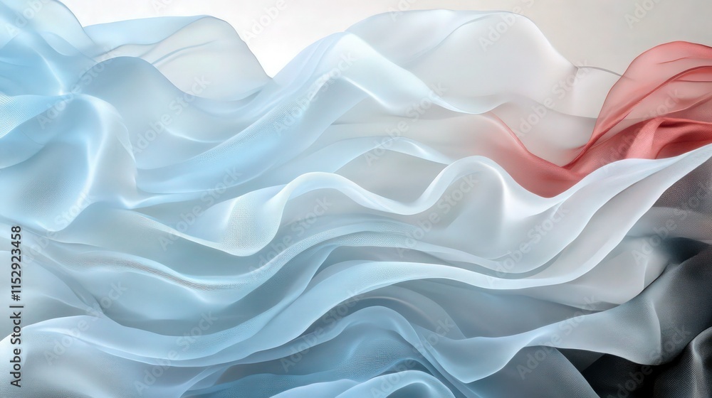 Obraz premium An artistic depiction of sheer, swirling layers in soft pastel shades of sky blue and white, set against a muted silver gradient background. 