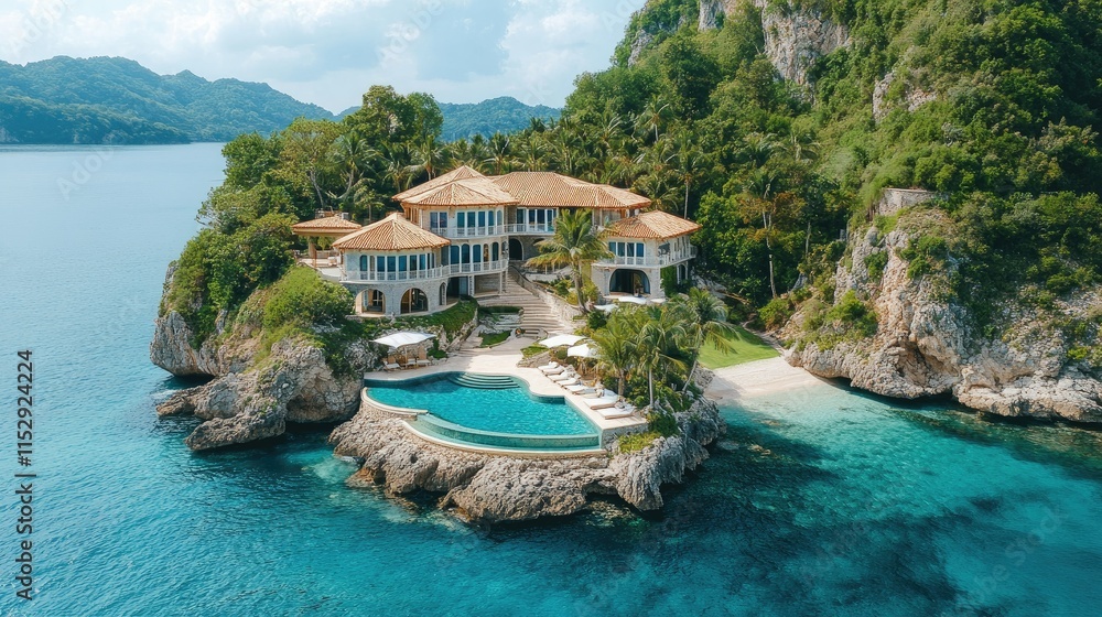 Luxurious oceanfront villa on a private island with infinity pool, lush greenery, and stunning coastal views. Luxurious oceanfront villa on a private island with infinity pool, lush greenery, and stunning coastal views.