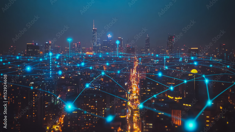 Obraz premium Abstract businesswoman stands on the peak of success Smart digital city with connection cyber security network reciprocity over the cityscape future wireless digital city and social media networking