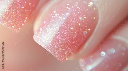 A hand with a pink and white nail polish with glitter photo