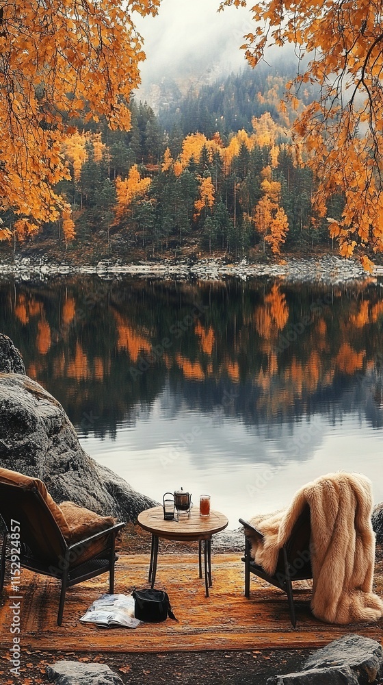 Fototapeta premium In the autumn, there is an outdoor lake with beautiful trees and orange leaves on both sides of it