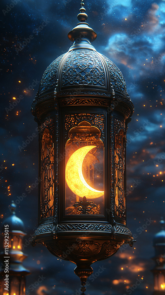 Obraz premium Ramadan Kareem greeting. Islamic lantern near mosque with night sky with crescent moon and stars. End of fasting. Hari Raya card. Eid al-Fitr decoration. Breaking of holy fast day. Muslim holiday. 