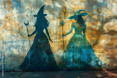 Illustration of the silhouettes of a good witch and a bad witch holding wands.