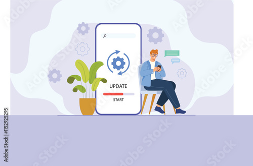 An illustration of an efficient mobile software update, featuring a smartphone with a progress bar, system icons, and a smooth transition of features being updated.