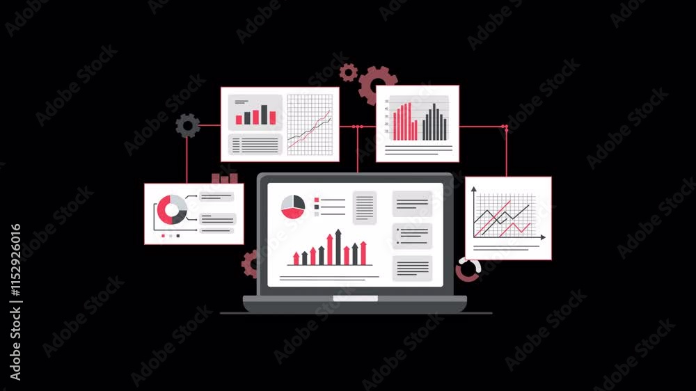 Animated Business Graph Report Analysis on Laptop. Data Analysis Concept Video - Transparent