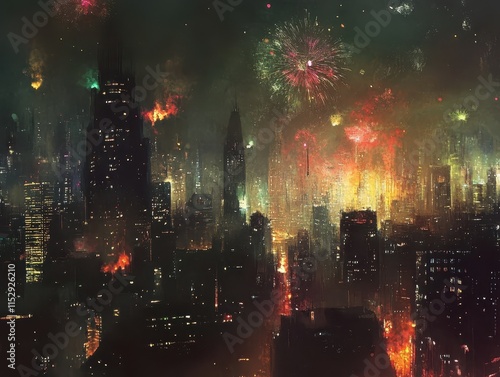 Futuristic Cityscape Night Fireworks Display photo