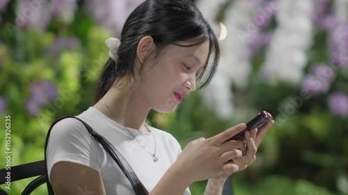Woman using smartphone at night, Night lights, Bokeh of lights.