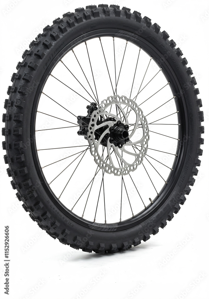 Naklejka premium Close-up of an off-road bicycle wheel with a knobby tire and disc brake.