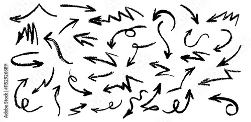 Black crayon arrows set. Wax pencil drawing grafitti elements on white wall. Collection of vector charcoal outline symbols of direction indicators. Graffiti lightning icons Children drawing style.