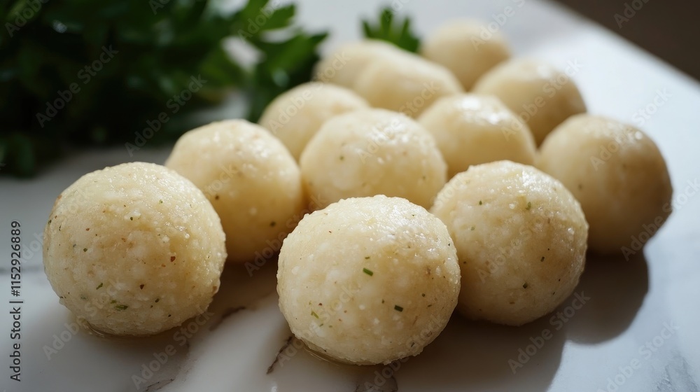 Freshly prepared matzo balls garnished with parsley on a white plate, served as a traditional Jewish soup dish. Freshly prepared matzo balls garnished with parsley on a white plate, served as a traditional Jewish soup dish.