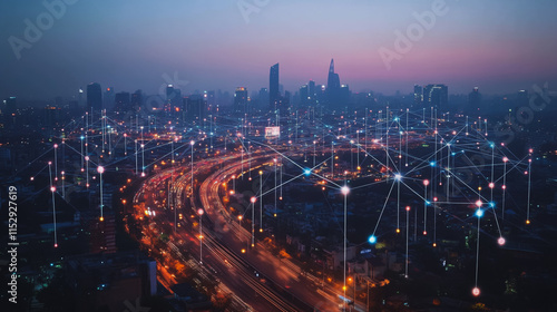 Wallpaper Mural Abstract businesswoman stands on the peak of success Smart digital city with connection cyber security network reciprocity over the cityscape future wireless digital city and social media networking Torontodigital.ca