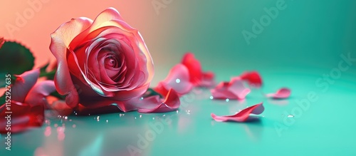 Fototapeta Naklejka Na Ścianę i Meble -  Elegant pink roses with petals on a glossy green background ideal for adding personalized text or messages in design projects.