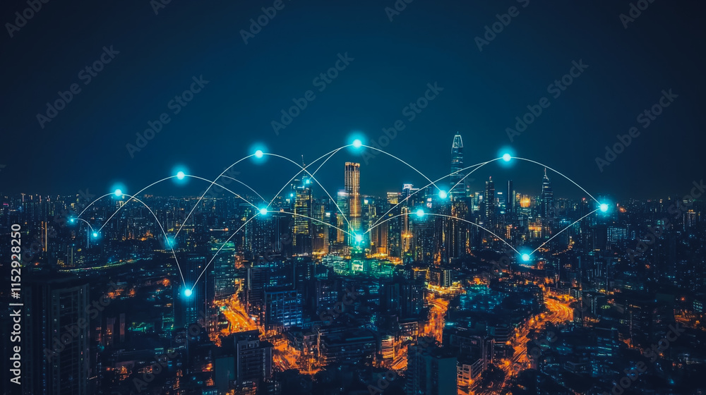 Abstract businesswoman stands on the peak of success Smart digital city with connection cyber security network reciprocity over the cityscape future wireless digital city and social media networking Abstract businesswoman stands on the peak of success Smart digital city with connection cyber security network reciprocity over the cityscape future wireless digital city and social media networking