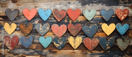 Colorful wooden hearts arranged on a rustic wooden backdrop perfect for romantic or Valentine's Day card designs and themes.
