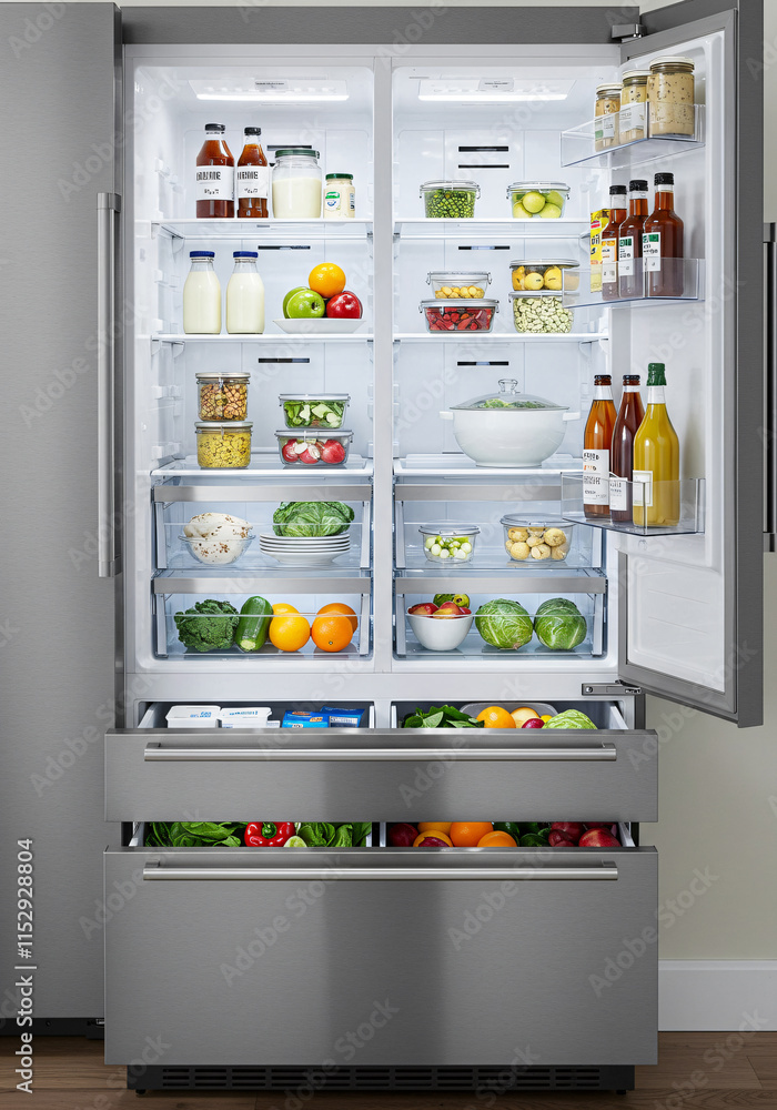 Open double-door refrigerator with various food items and beverages inside. Open double-door refrigerator with various food items and beverages inside.