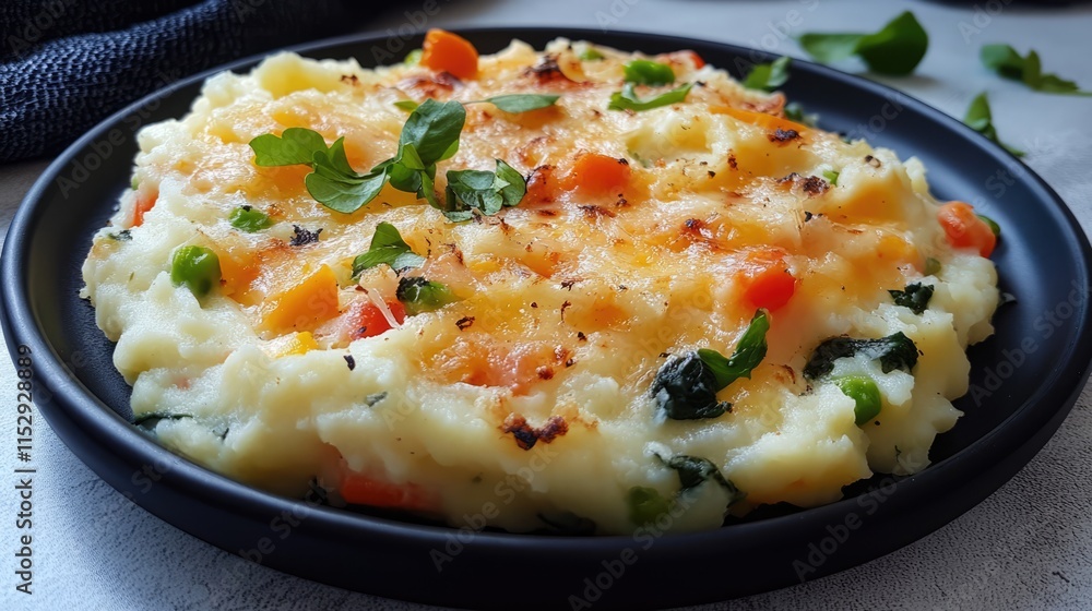 Creamy mashed potatoes topped with colorful vegetables and melted cheese garnished with fresh herbs on a black plate. Creamy mashed potatoes topped with colorful vegetables and melted cheese garnished with fresh herbs on a black plate.