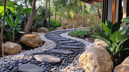 Serene garden pathway with smooth massage stones and lush greenery for a tranquil outdoor oasis. photo