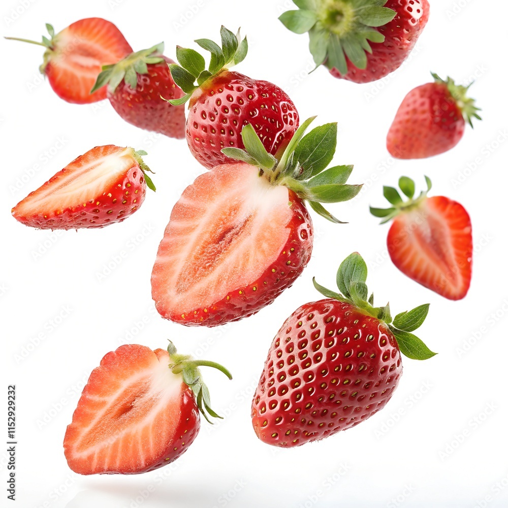 Falling Strawberries, A Fresh and Juicy Cascade of Ripe, Red Berries in Motion. Falling Strawberries, A Fresh and Juicy Cascade of Ripe, Red Berries in Motion.