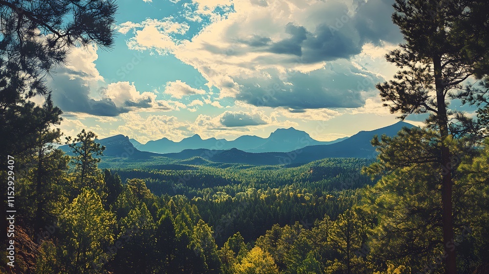 Obraz premium Majestic Mountain Range Viewed Through Forest Canopy