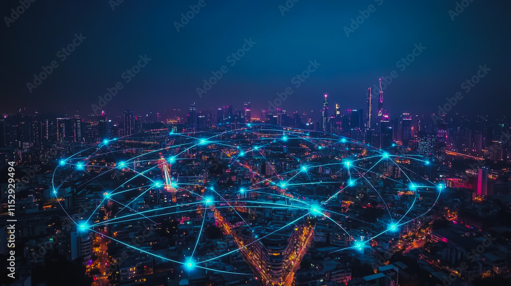 Naklejka premium Abstract businesswoman stands on the peak of success Smart digital city with connection cyber security network reciprocity over the cityscape future wireless digital city and social media networking