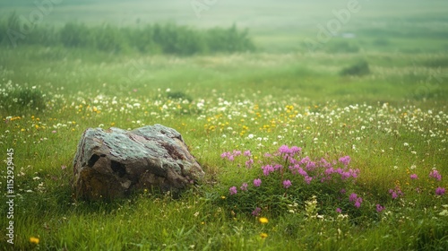 Spring meadow landscape with vibrant flowers and a rocky outcrop in serene countryside setting rich in organic farming potential photo