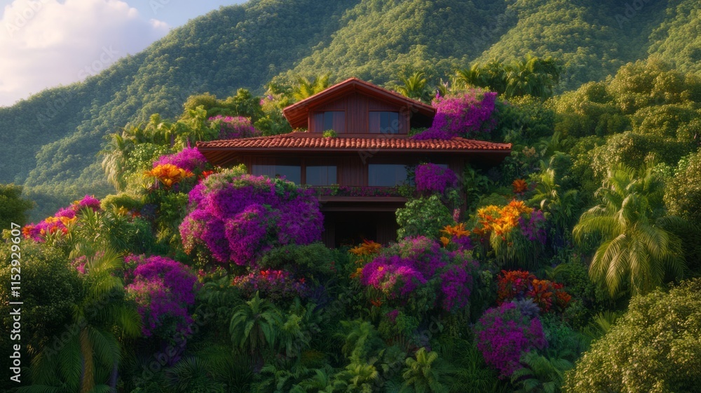 Lush Tropical House Nestled in Vibrant Mountainside Garden Lush Tropical House Nestled in Vibrant Mountainside Garden