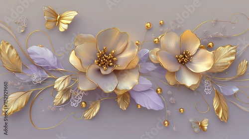 An ethereal floral arrangement on a muted lavender backdrop, featuring metallic gold flowers with soft lilac accents. 