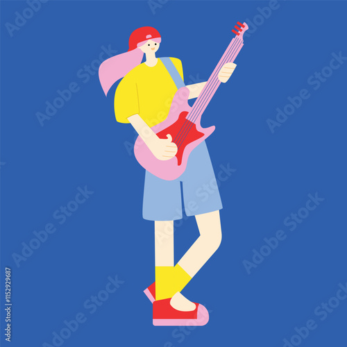 Female character playing electric guitar. Flat vector illustration 