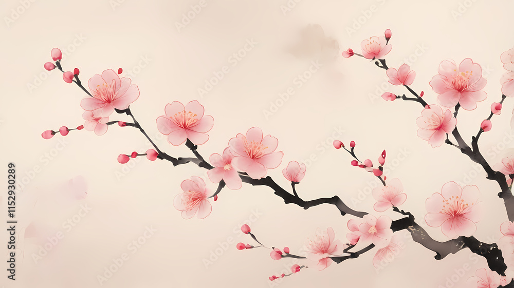 Fototapeta premium Serene Plum Blossoms: Delicate pink plum blossoms in full bloom, captured in a tranquil watercolor painting style. The image evokes a sense of peace and natural beauty.