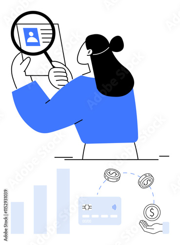 Person with headset examining a document and magnifying glass, connected with financial elements. Ideal for finance, banking, data analysis, customer service, finance software, business