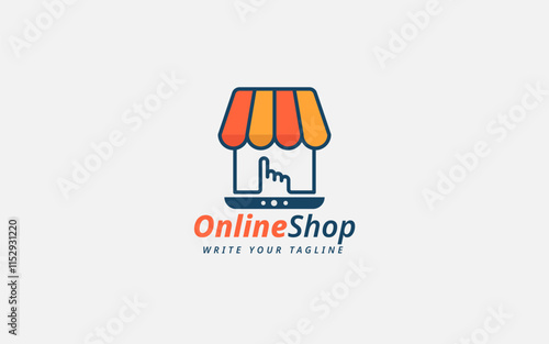 Online Retail Logo Design. E-Shopping Graphic. Concept for Computer, Clicking Hand, Store House.