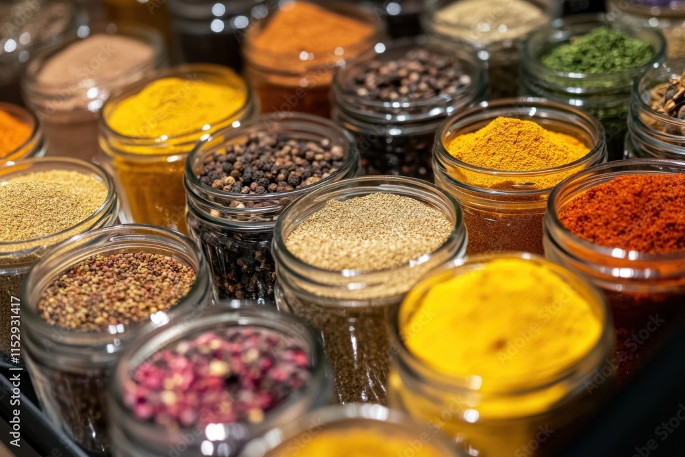 Vibrant spice array displayed in glass jars kitchen table food photography natural light close-up perspective culinary art and spice exploration Vibrant spice array displayed in glass jars kitchen table food photography natural light close-up perspective culinary art and spice exploration