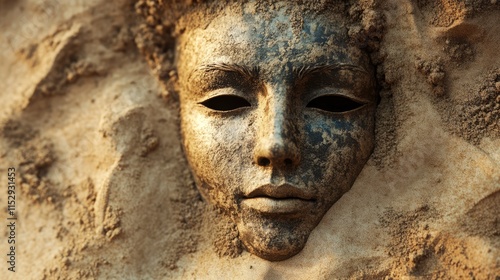 Face mask embedded in textured sand surface symbolizing concealment and identity exploration in art and design contexts. photo