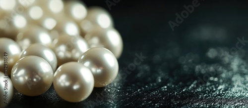 Elegant loose gray pearls arranged artistically on a dark reflective surface showcasing their natural luster and beauty. photo