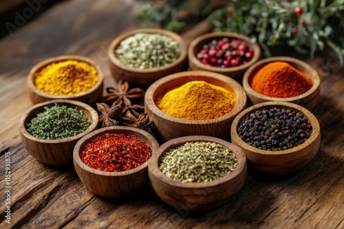 Fototapeta Naklejka Na Ścianę i Meble -  Vibrant spice assortment display rustic kitchen high-resolution image natural wood background close-up view culinary concept for flavor exploration