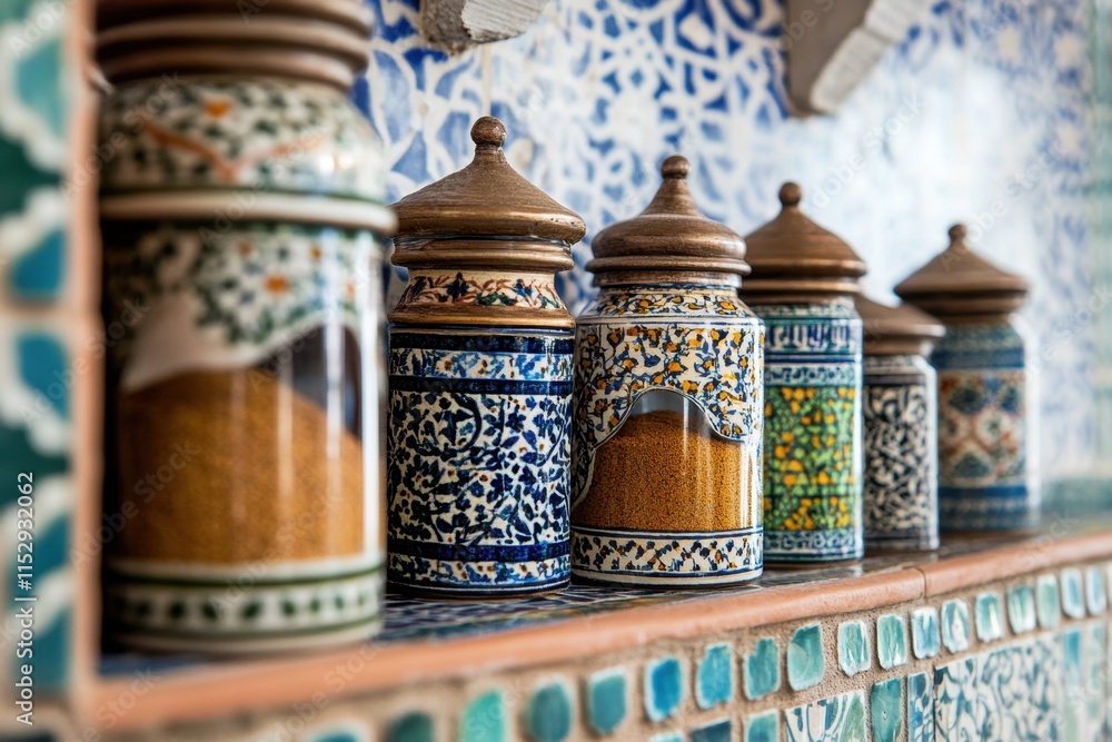 Traditional moroccan spice jars displayed in an authentic market captivating detail vibrant environment evoking culinary culture Traditional moroccan spice jars displayed in an authentic market captivating detail vibrant environment evoking culinary culture