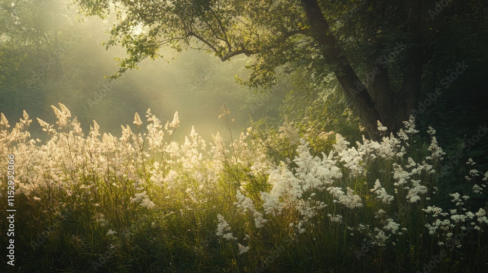 Fototapeta premium Meadowsweet floral landscape in sunlight showcasing Filipendula ulmaria with serene natural beauty and historical significance in medicine