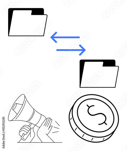Two folders connected by blue bidirectional arrows indicating file transfer, hands holding a megaphone, a coin with a dollar sign. Ideal for business, finance, marketing, communication, data