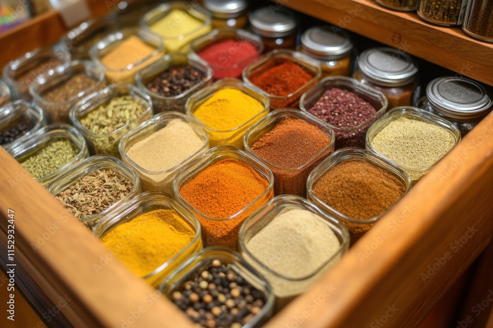 Exploring the aromatic world of spices a detailed look at a vibrant spice drawer filled with varieties kitchen photography warm colors perspective culinary concept Exploring the aromatic world of spices a detailed look at a vibrant spice drawer filled with varieties kitchen photography warm colors perspective culinary concept