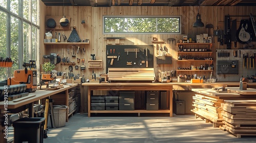 Warm sunlight illuminates a cozy woodworking workshop filled with tools and materials.