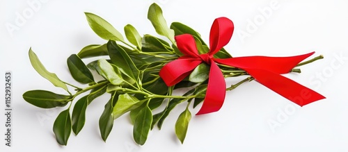 Mistletoe bunch with a red bow on a white background representing festive traditional decor for holiday celebrations