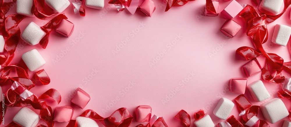 Fototapeta premium Craft gift boxes with red ribbons and marshmallows on a pink backdrop for love celebration joyful mock up with empty space for text
