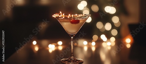 Festive martini glass with illuminative lights and garnished cherry in a cozy holiday setting photo