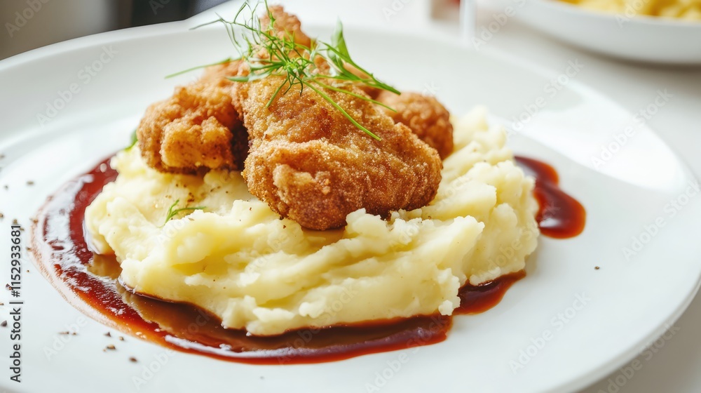 Delicious organic dinner plate featuring mashed potatoes and crispy rabbit cutlets on a white table setting gourmet cuisine concept Delicious organic dinner plate featuring mashed potatoes and crispy rabbit cutlets on a white table setting gourmet cuisine concept