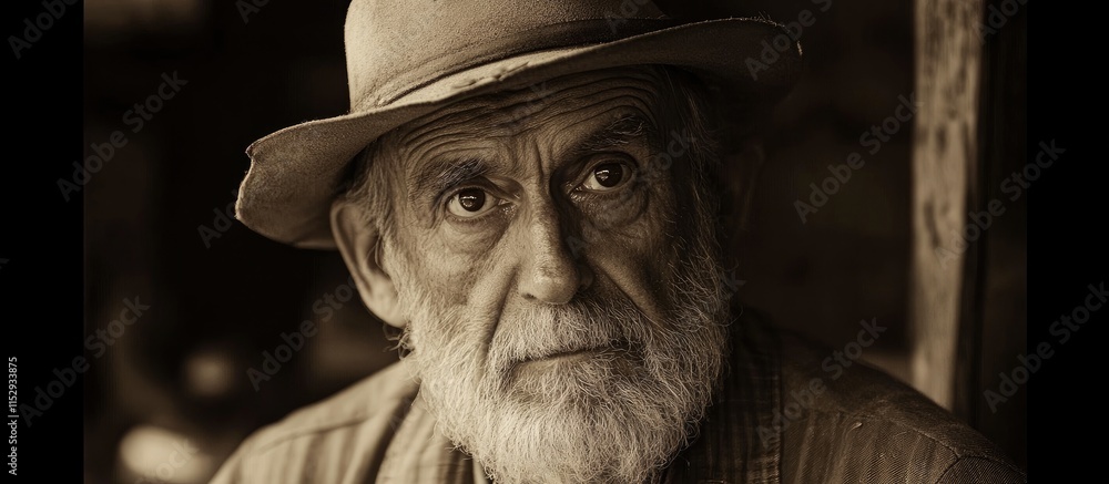 Elderly man with a rugged appearance wearing a hat and exhibiting a thoughtful expression in a vintage black and white setting Elderly man with a rugged appearance wearing a hat and exhibiting a thoughtful expression in a vintage black and white setting