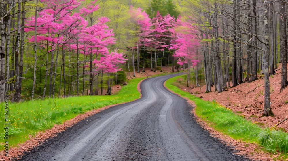 Fototapeta premium Winding road through blooming spring trees