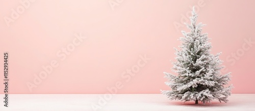 Minimalist snowy Christmas tree against a soft pink pastel backdrop for festive decoration inspiration and holiday aesthetics.