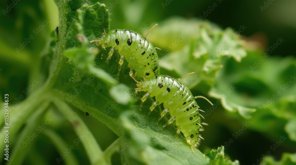 Fototapeta premium Close-up of May beetle larvae on green foliage displaying potential crop pest behavior in a natural compost environment.